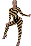 Yellow street Striped Long Sleeve O Neck Jumpsuits