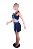 Blue Fashion Sexy Patchwork Strap Design V Neck Sleeveless Two Pieces