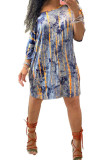 Blue Fashion adult Ma'am OL One Shoulder Half Sleeves one shoulder collar Asymmetrical Knee-Length Print Dresses