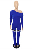 Blue Fashion Casual Striped Patchwork Oblique Collar Long Sleeve Two Pieces