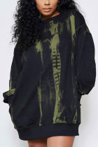 Green Fashion Casual Print Basic O Neck Long Sleeve Dress