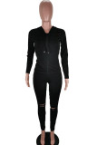 Black Fashion adult Ma'am Sweet Solid Burn-out Two Piece Suits pencil Long Sleeve Two Pieces