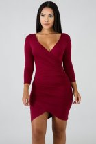 Wine Red Fashion Sexy Long Sleeves V Neck Pencil Dress skirt Club Dresses