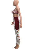 Wine Red Polyester Fashion Sexy adult Ma'am Patchwork Print Two Piece Suits pencil Sleeveless Two Pieces