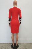 Red Fashion Long Sleeves O neck Slim Dress Knee-Length Print Sequin Patchwork Long Sleeve Dresses