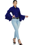 Blue Chiffon O Neck Long Sleeve Solid Patchwork Long Sleeve Tops