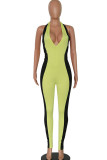 Green Casual Solid Patchwork Polyester Sleeveless V Neck Jumpsuits
