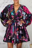 Black Sexy Print Split Joint V Neck Cake Skirt Dresses