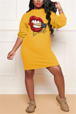 Yellow Fashion Casual Print Basic O Neck Printed Dress