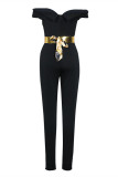 Yellow Fashion Sexy Solid Backless With Belt Off the Shoulder Skinny Jumpsuits