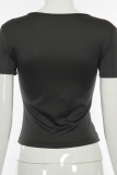 Black Casual Solid Split Joint Draw String Square Collar Tops