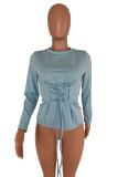 Light Blue Polyester O Neck Long Sleeve Bandage Patchwork Solid Long Sleeve Tops