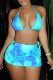 Baby Blue Sexy Print Frenulum Halter Sleeveless Two Pieces