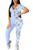 Blue Fashion Sexy Print Backless Milk. Long Sleeve Hooded Jumpsuits