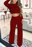 Red Fashion Casual Print Basic O Neck Long Sleeve Two Pieces
