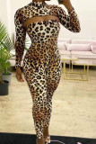 Leopard print Sexy Patchwork Leopard grain Long Sleeve O Neck Jumpsuits