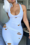 White Fashion Sexy Solid Ripped Hollowed Out V Neck Vest Dress