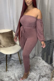 Wine Red Fashion Sexy Polyester Solid Frenulum Pants With Belt Bateau Neck Skinny Jumpsuits