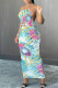 Colour Fashion Sexy Print Hollowed Out Backless Halter Sleeveless Dress