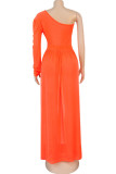 Orange Polyester Sexy Ma'am One Shoulder Collar Solid Plus Size