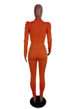 Tangerine Red Casual Solid Patchwork O Neck Long Sleeve Two Pieces