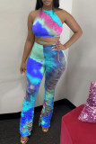 Blue Polyester Fashion Casual Print backless Tie Dye Two Piece Suits Loose Sleeveless Two Pieces