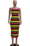 Green Polyester Fashion Sexy adult Ma'am Off The Shoulder Sleeveless Halter Neck Step Skirt Mid-Calf Striped Dresses
