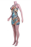Gold Fashion Sexy Print Backless Strap Design V Neck Sling Dress