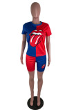 Blue Casual Print Lips Printed O Neck Short Sleeve Two Pieces
