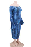 Blue Sexy Casual Twilled Satin Tatting Patchwork Print Ripped Split Joint Slit Bateau Neck Pencil Skirt Plus Size 
