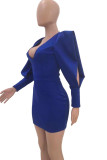 Royal blue Sexy lantern sleeve Long Sleeves V Neck Step Skirt skirt hollow out asymmetrical Solid cha