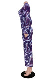 Purple Casual Print Half A Turtleneck Wrapped Skirt Dresses