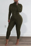 Army Green Fashion Casual Solid Slit Turtleneck Long Sleeve Two Pieces