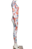 Blue Sportswear Print Without Belt O Neck Regular Jumpsuits