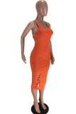 tangerine Sexy Black tangerine Spaghetti Strap Sleeveless O neck Hip skirt Mid-Calf Print Dresses