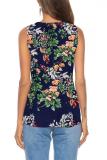 Navy Blue Polyester V Neck Sleeveless asymmetrical Print Button Floral Sweaters & Cardigans