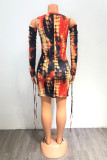 Red Fashion Sexy Print Draw String Strap Design O Neck Printed Dress