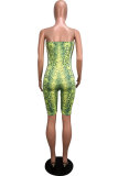 Green Sexy Fashion Print Patchwork Polyester Sleeveless one word collar Rompers