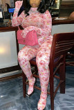 Pink Fashion Casual Print Basic O Neck Regular Jumpsuits