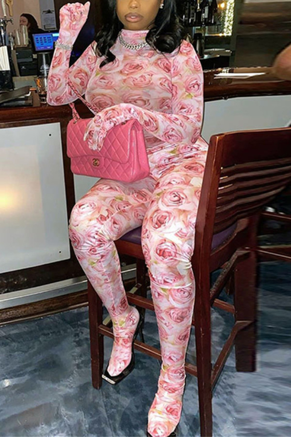 Pink Fashion Casual Print Basic O Neck Regular Jumpsuits
