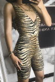 Tiger Pattern Sexy Animal Print Split Joint V Neck Skinny Jumpsuits