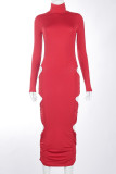 Red Fashion Street Elegant Solid Hollowed Out Patchwork Backless O Neck A Line Dresses