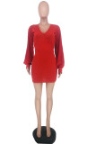 Red Sexy Solid Split Joint V Neck Wrapped Skirt Dresses