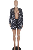 Black Polyester Lightly cooked Dot Print Straight Long Sleeve Two-Piece Short Set