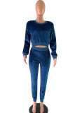 Blue Polyester Casual Two Piece Suits Patchwork pencil Long Sleeve Two-piece Pants Set