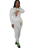 White venetian Casual Print Patchwork Two Piece Suits pencil Long Sleeve 