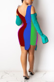Deep Blue Fashion Sexy Patchwork Hollowed Out Strap Design Asymmetrical O Neck Long Sleeve Dress