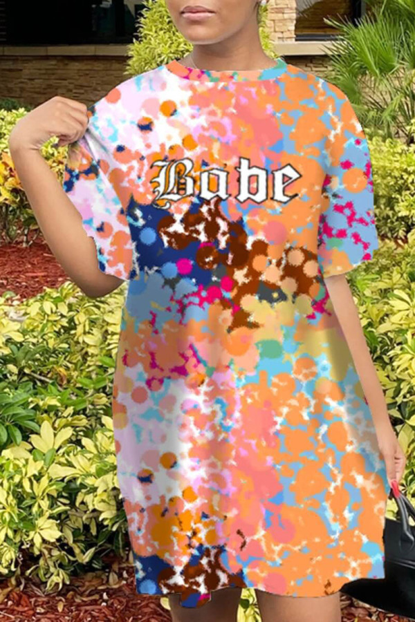 Light Yellow Casual Letter Print Tie-dye O Neck Pencil Skirt Dresses