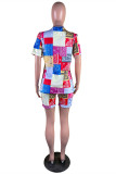 Purple Fashion Casual Print Basic O Neck Short Sleeve Two Pieces