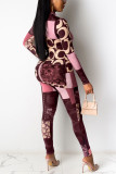 Coffee Casual Print Patchwork O Neck Long Sleeve Two Pieces